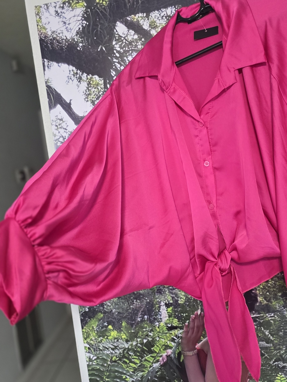 Tie-Front Satin Blouse in Hot Pink
